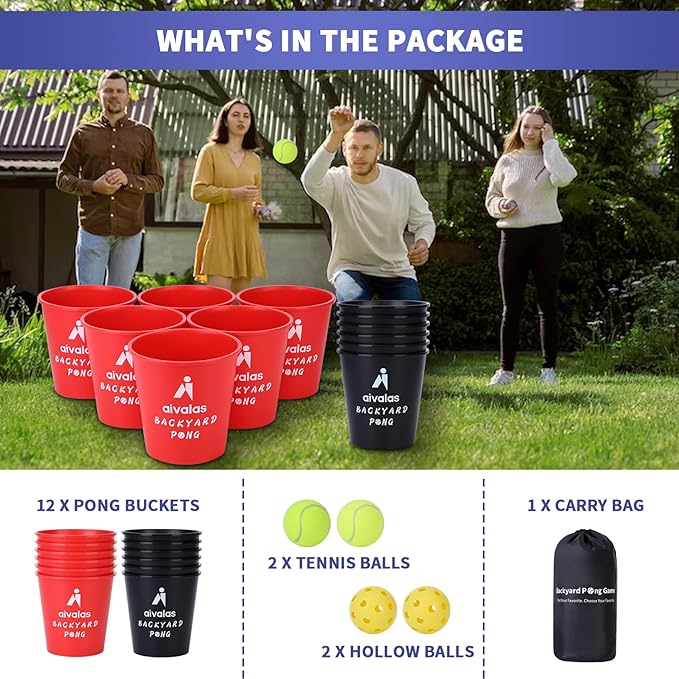 Aivalas Yard Pong Outdoor Games, Giant Yard Games Set with 12 Buckets and Balls for Adults and Family, Toss Game Throwing Games for Beach, Camping, Lawn and Backyard