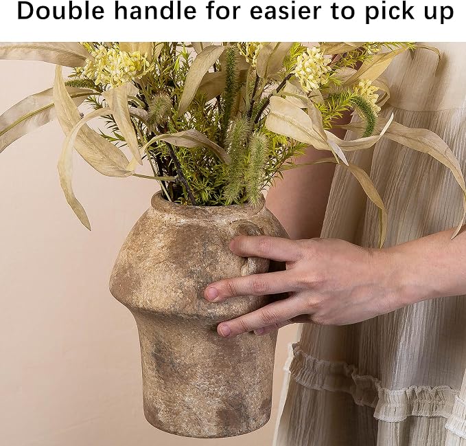 Rustice Vase for Flowers, 7in Decorative Farmhouse Vases for Pampas Grass, Vintage vase for Centerpieces, Terracotta Wide Open Vases with Handle, Unique Ceramic Vase by Lyeec
