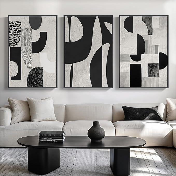 Large Framed Black and White Abstract Wall Art for Living Room, 3 Piece Modern Canvas Prints Paintings Artwork for Walls, Minimalist Geometric Pictures for Entryway Hallway Office Wall Decor 24x36 In