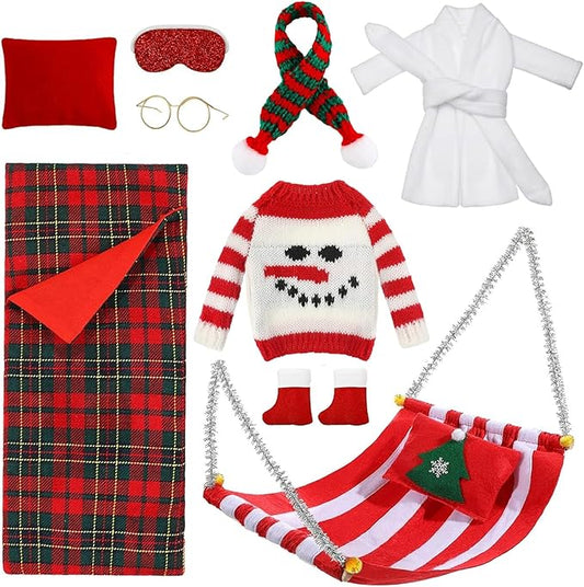 9PCS Christmas Doll Clothes Accessories Set Including Christmas Sleeping Bag Bathrobe Scarf Glasses Pillow Boots Sweater Eyepatch Hammock, Christmas Outfits for Doll Decor, Gift for Kids Boys Girls