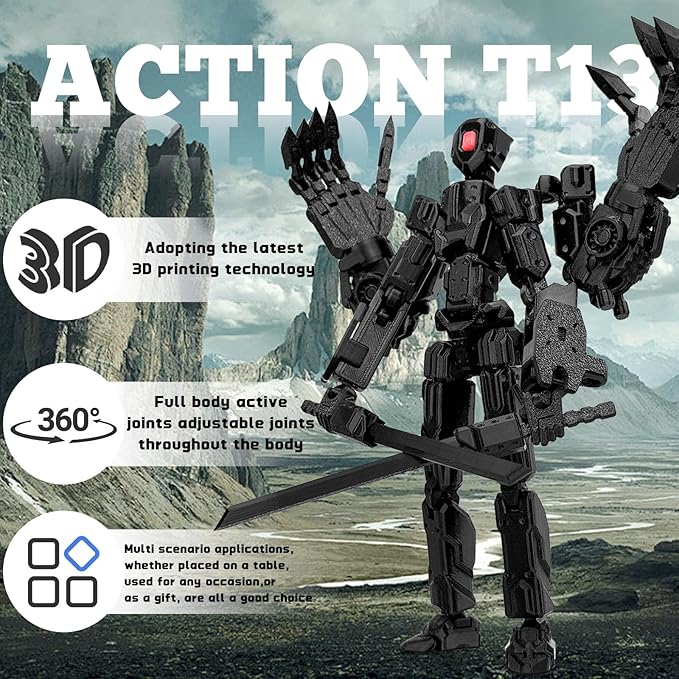 8Inch T13 Action Figure Assembly Completed, T13 Multi-Jointed Movable Robot Action Figure Set,Collectors Desktop Decorations for Game Lovers Toys (Black)