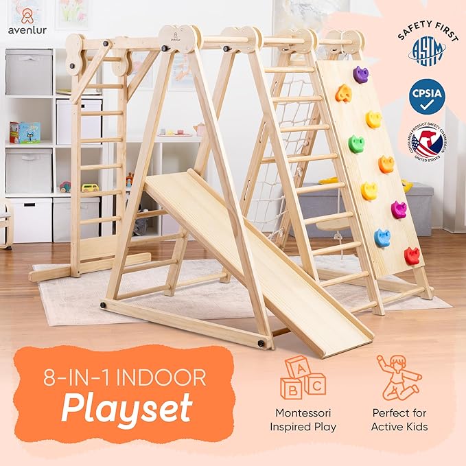 Avenlur 8-in-1 Indoor Play Gym – Toddler Jungle Gym for Kids Ages 2–6 – Indoor Playground Wooden Climbing Playset with Slide, Monkey Bars, Ladder, Rope Ladder, Rock Climbing, Swing, Rings, Disc Swing