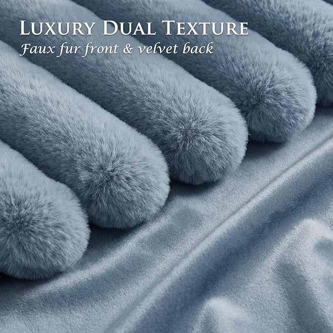 Pack of 2 Throw Pillow Covers 20x20 Decorative Solid Plush Faux Fur with Soft Velvet Back, Square Striped Cushion Cases Modern Farmhouse Home Decor for Living Room Couch Sofa Bed Serene Blue