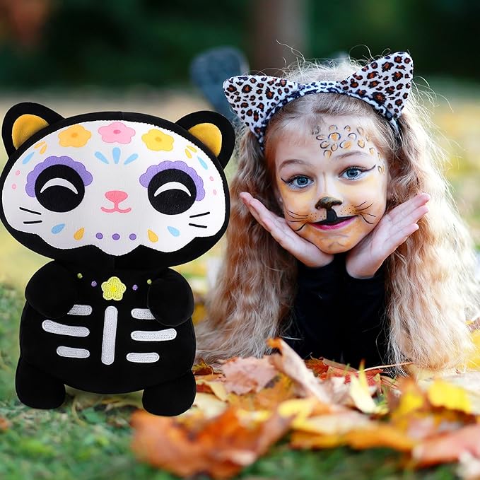 Achwishap Black Cat Stuffed Animal-14” Day of The Dead Cat Plush,Soft Cats Plush Toys Halloween & Día de Los Muertos Gifts for Kids,Cute Kitten Plushies,Kawaii Stuffed Pillow,Animal Pillow for Adults
