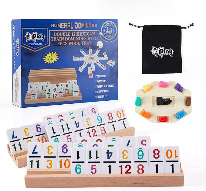 PUREPLAY Mexican Train Dominoes Set with Numbers - Double 12 Colored Number Dominoes - 91 Tiles, 9 Trains, 4 Wooden Trays & Storage Bag for 2-8 Players Ages 8+