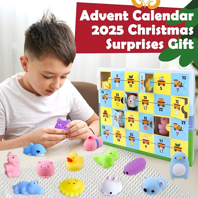 Advent Calendar 2025 Kids Christmas Countdown Calendar Mochi Squishy Toys for Girls and Boys Different Surprise Gift for 3+ Years Old Boys Girls Relief Stress