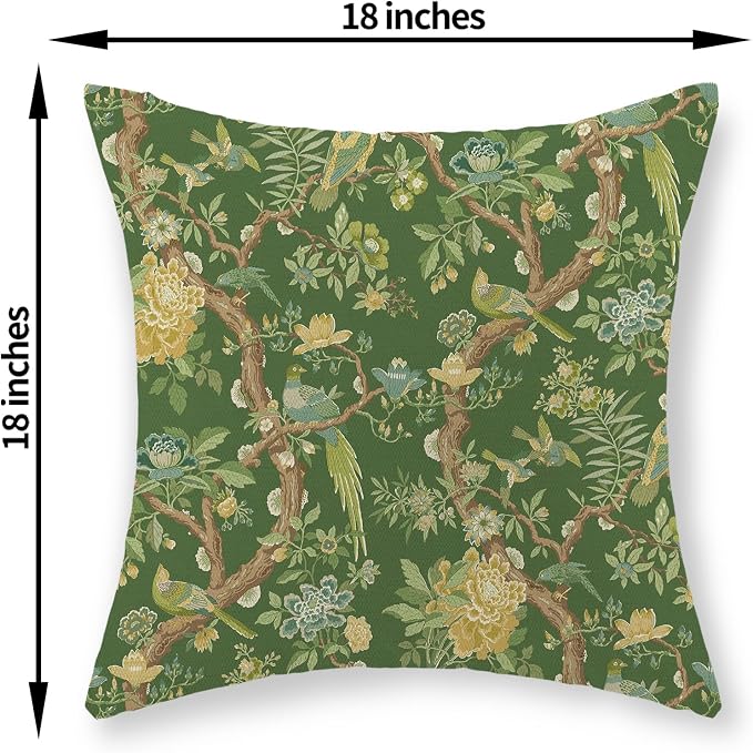 Floral Bird Pillow Covers 18x18 Set of 2 Chinoiserie Green Throw Pillow Covers Vintage Flowers Bird Decorative Pillow Cases Outdoor Chinoiserie Decor Farmhouse Cushion Case for Couch Sofa
