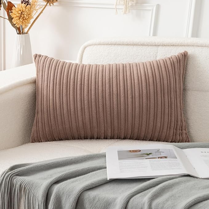 UGASA Soft Velvet Stripe Decorative Lumbar Pillow Cover 1 Pack Solid Corduroy Textured Euro Oblong Cushion Case for Couch Bedroom Sofa Farmhouse, 12x20 Inch, Light Brown