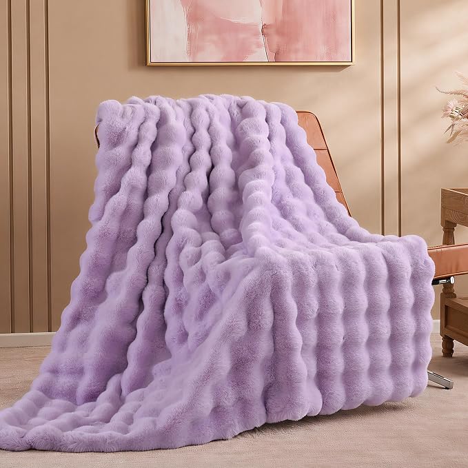 Faux Fur Throw for Couch - Light Purple Bubble Blanket 50"x60" | Fluffy Plush Fuzzy Throw for Sofa & Bed, Super Soft Cozy Comfrt Blanket, Luxury Aesthetic Purple Decor Gift for Women