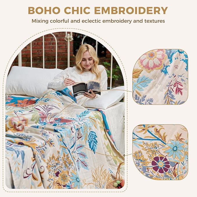 LUTBM Boho Throw Blanket for Couch 50"x60", Cotton Decorative Bed Throw | Reversible Floral Leaves Jacquard, All-Season Lightweight Breathable Blankets, For Chair Sofa Bedroom Living Room