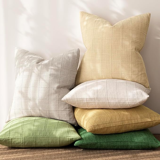 Foindtower Set of 2 Decorative Linen Check Throw Pillow Covers Neutral Farmhouse Vintage Cushion Covers Modern Boho Accent Home Decor for Sofa Chair Couch Bedroom Living Room,26×26 Inch,Light Grey