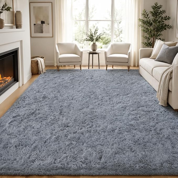 Area Rug for Living Room Bedroom: 9x12 Grey Soft Fluffy Shag Upgrade Non-Slip High Pile Carpet Large Fuzzy Plush Indoor Floor Decor Shaggy Rug for Kid Boys Girls Dorms Playroom Nursery Modern Home