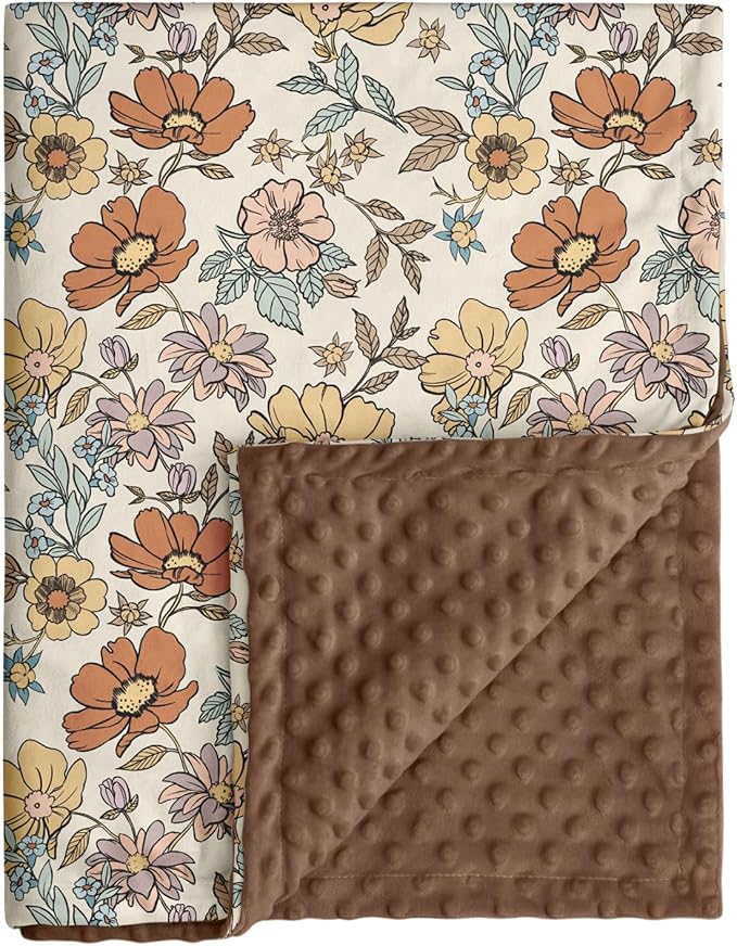 Baby Blanket for Girls, Soft Cozy Nursery Minky Blanket with Double Layer Dotted Backing for Infant Toddler in Crib Stroller, Floral Vintage Brown Blanket, 30x40 Inches