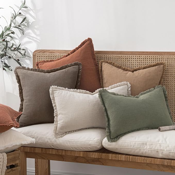 MIULEE Boho Linen Fringe Decorative Fall Throw Pillow Covers Coffee 18x18 | Set of 2, Cottagecore Decor, Boho Farmhouse Neutral Pillow Covers, Rustic Fall Couch Cushion Cases for Sofa Bed Living Room