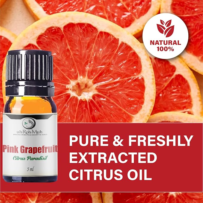 Pink Grapefruit Essential Oil Cold Pressed Citrus Paradisi Peel Oil Fresh Citrus Aroma Top Note Essential Oil for Aromatherapy Diffuser Skincare Haircare and Natural DIY Cosmetic Blends - 5 ml