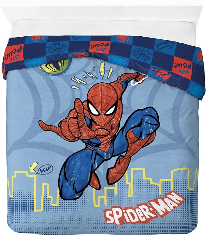 Jay Franco Kids Duvet Cover Set – 3 Piece Super Soft Bedding with Sham Pillowcase, Cover ONLY Comforter Not Included, Blue - Spiderman, Full