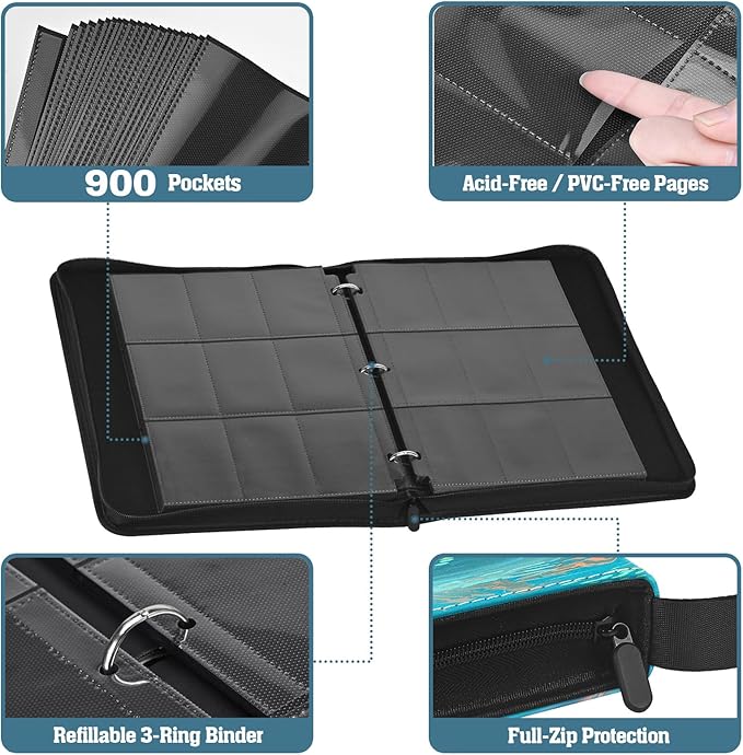 Trading Card Binder, 3-Ring Zippered for Standard 2.5"x3.5" TCG and Sports Cards, 9-Pocket Double-Sided Pages, 50 Sheets/900 Pockets, Acid-Free PVC-Free, PU Cover, Wrist Strap - Lake Art Design