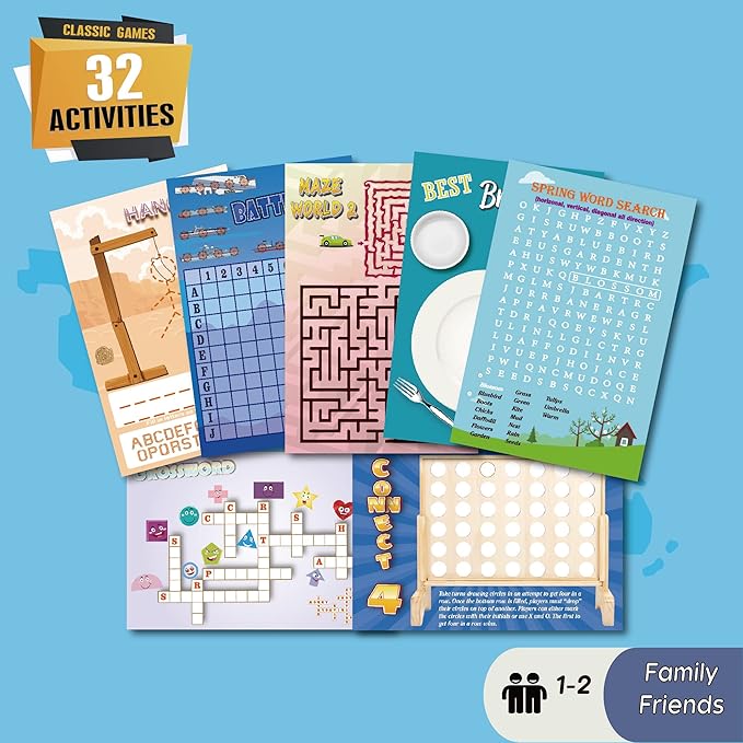 2 Pack Reusable 32 Activity Game Mats Pads with Dry Erase Marker as Travel Toy & Learning Tool for Ages 6-12 (9”X 6”)