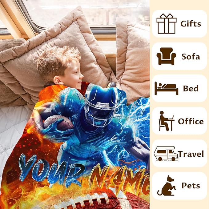 Boys Football Blanket Gift Personalized Sport Throw Blankets for Kids Teens Men, 50x60 Inches Lightweight Comfy Custom Football Throw for Sofa Couch Bed Home Decor