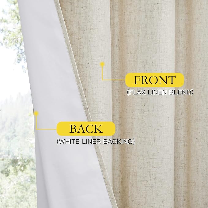 NICETOWN Natural Bedroom Full Blackout Linen Curtain Panels Set of 2, 42" by 72", Thick Insulated Classic Grommet Blackout Draperies with White Thermal Insulated Liner for Windows