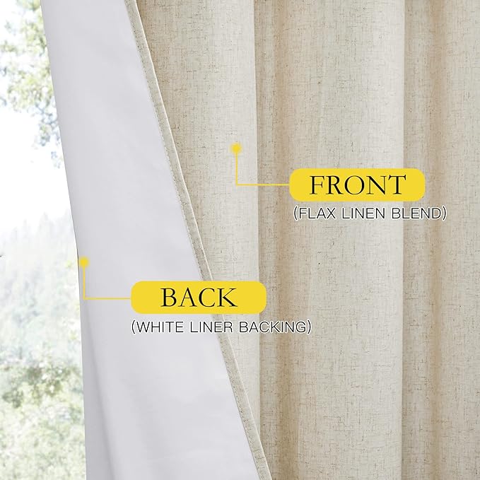 NICETOWN Natural 100% Blackout Linen Curtains 84 inch Long Burg for Living Room, 2 Panels, 52" Wide, Farmhouse Thick Completely Blackout Window Treatment Thermal Insulated Warm Drapes for Winter