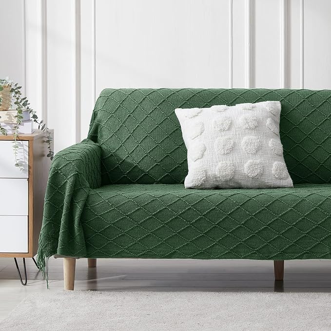 BOURINA Green Throw Blanket 50x90 Inch Boho Knitted Soft Throw Sofa Blanket | Knitted Throw Blanket 50x90 Inches, Soft Lightweight Boho Weave Throw Decorative Couch Blanket for Living Room Bed Runner