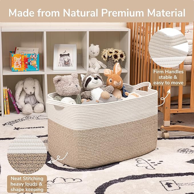 Goodpick 85L Large Woven Rope Blanket Basket, White & Light Brown | 23.6'' x 15.7'' x 13.8'' Storage Basket for Blankets, Toys & Clothes, Nursery & Bedroom Organization, Reinforced Handles