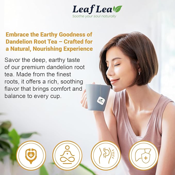 LeafLea Dandelion Root Tea Bags, Natural And Pure, 120 Count | Dandelion Root Herbal Tea, Promotes Healthy Digestion And Immune Function, Caffeine-Free, Sugar-Free, Vegan, Pack Of 3