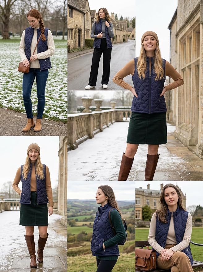 Fuinloth Women's Quilted Vest Lightweight Puffer Stand Collar Zip Gilet | 4 pockets with 2 inner storage. Quilted padded warm gilet. Fall winter outerwear layering vest for travel hiking daily wear.
