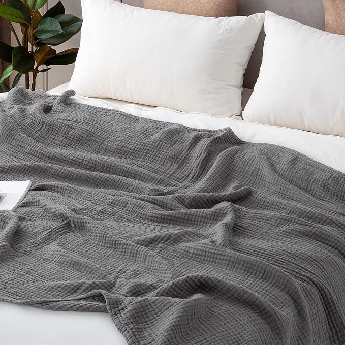 EMME Muslin Blankets for Adults Throw Blanket for Couch Breathable Gauze Soft Lightweight Airy Grey Throw XL 50" x 71"