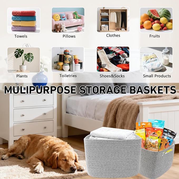 3 Pack Woven Baskets,Storage Baskets for Shelves with Handles | 13.5"×11"×9.5", Closet Baskets, Nursery Organizer for Toys Towels Books, Storage Bin for Living Room Bedroom (Mixed Grey)