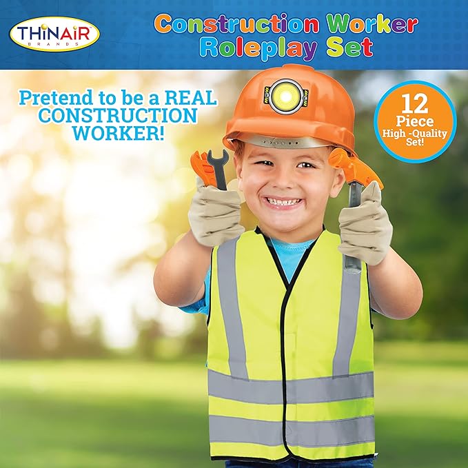 Dr. STEM Toys Construction Worker Roleplay Costume Set with Hat, Tools, Tool Belt, Gloves, and More - Orange and Yellow, One Size Fits Most Kids Ages 3 to 6