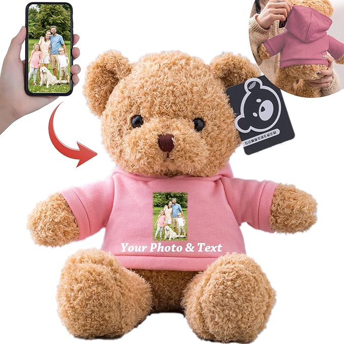 Personalized Teddy Bear Stuffed Animal, Stuffed Bear Plush with Customized Text+ Picture as Personalized Gifts for Girlfriend/Boyfriend on Valentines Day/Birthday/Christmas Day (12 in-Pink)