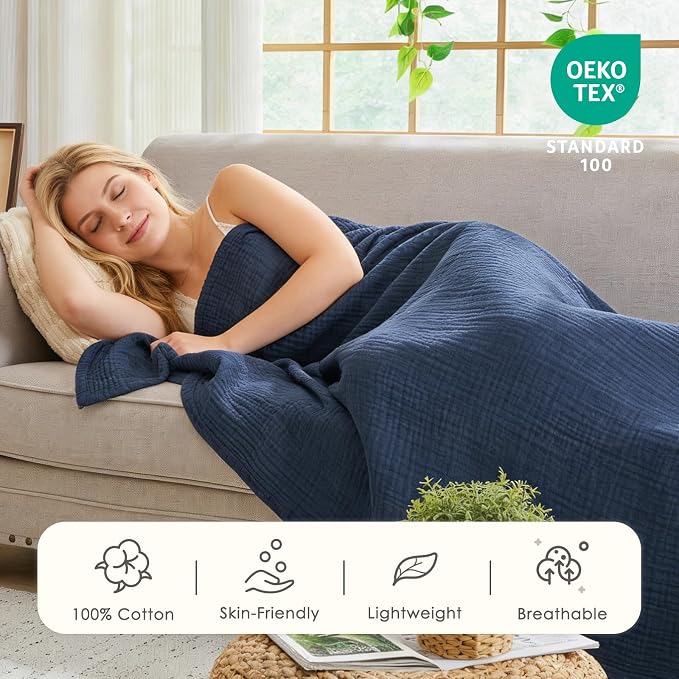 EMME Muslin Blankets for Adults Throw Blanket for Couch Breathable Gauze Soft Lightweight Airy Navy King 108" x 90"
