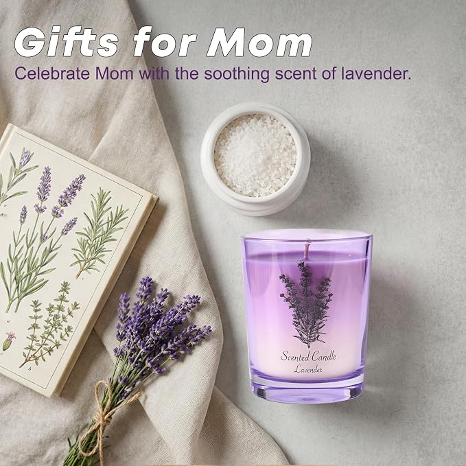 Lavender Soy Scented Candle for Women, Aromatherapy Glass Jar Candle with Wooden Lid, Home Fragrance Candle for Bedroom, Living Room and Bathroom, Gift for Birthday, Housewarming and Holidays