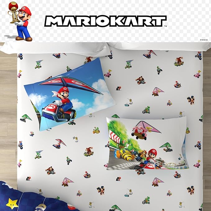 Super Mario Kart Game Kids Bedding Set, Twin Size, 4-Piece Super Soft Cozy Reversible Comforter & Sheet Set (Officially Licensed Product) by Franco | Durable, Reversible, Officially Licensed