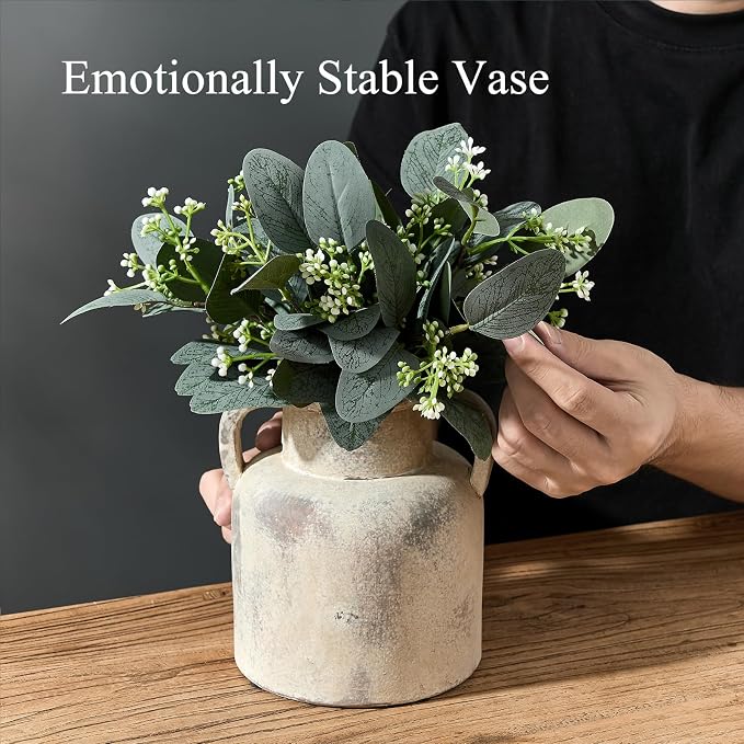 Emotionally Grounded Vase, Vaseking Ceramic Rustic Vase with 2 Handles, 6.1 inch Minimalist Decorative Farmhouse Vases for Home Decor, Living Room, Enterway, Table Decoration, Fired Terra Clay