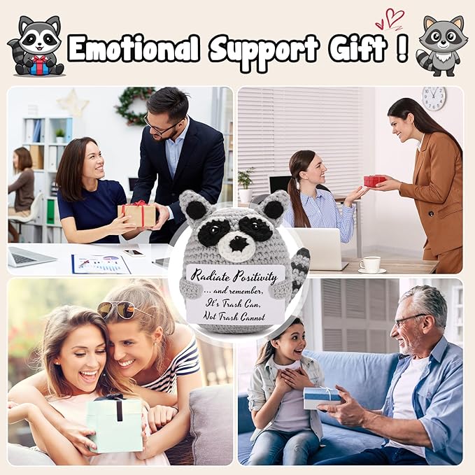 Tiny Handmade Raccoon Gift, Positive Crochet Animal Trash Panda, Emotional Support Plush for Men & Women, Friend, Coworker, Bestie, Motivational Encouragement Present, Best for Birthday & Christmas