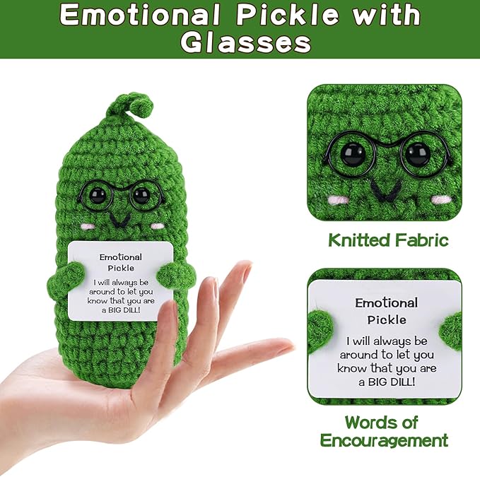 Hoedia Crochet Pickle Dolls Friend Birthday Valentines Gifts for Her Women Wife Girlfriend Sister from Husband Men, Cute Funny Gifts for Coworkers Student Teacher Roommates (Pickle with Glasses)