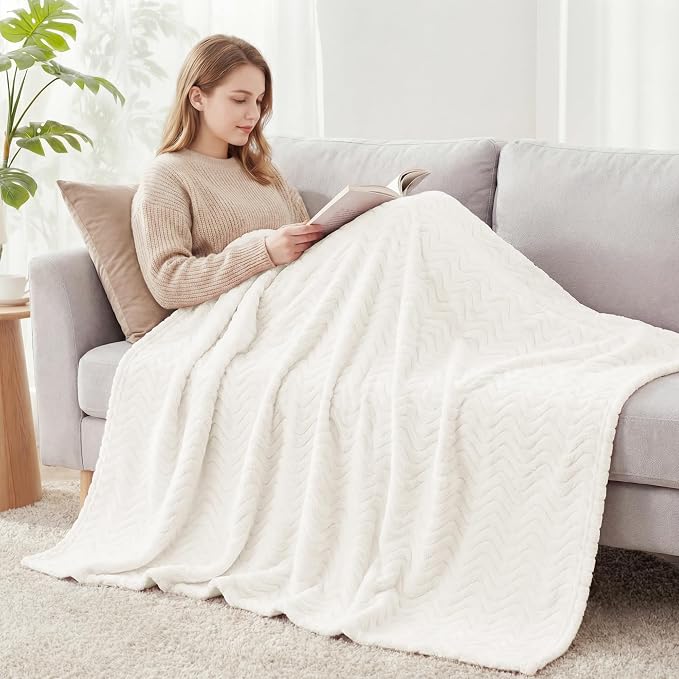 Exclusivo Mezcla Soft Fleece Blanket Queen Size for Bed, Sofa, Ivory | 90"x90" Breathable Lightweight Flannel Blanket for Summer, Plush Cozy Jacquard Wave for Home Decor