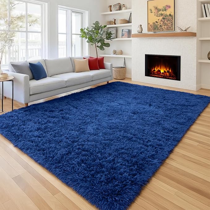 PAGISOFE Blue Rug 4x6 Ft Fluffy Shag Rugs for Bedroom Soft Fuzzy Shaggy Blue Rugs for Living Room Carpet Nursery Floor Boys Room Dorm Rug Kids Playroom Navy Area Rug Teen Home Decor