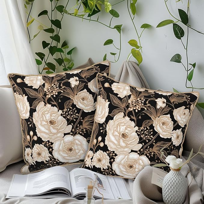Vintage Peonies Roses Flower Velvet Pillow Covers 16x16 Inch Gold White Aesthetic Floral Leaves Throw Pillows For Couch Cushion Covers Pillowcase Farmhouse Pillow Cases for Sofa Bed Living Room