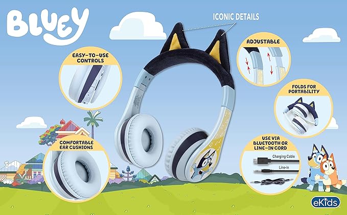 eKids Bluey Bluetooth Headphones for Kids, Wireless Headphones with Microphone Includes Aux Cord, Earphones for School, Home, or Travel