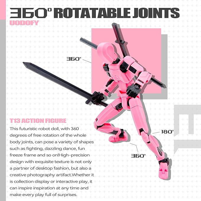 (Assembly Completed) T13 Action Figure Set, 3D Printed Toys Robo 13 Action Figure,Dummy 13 Titan 13 Action Figure (Pink Black + Dog)