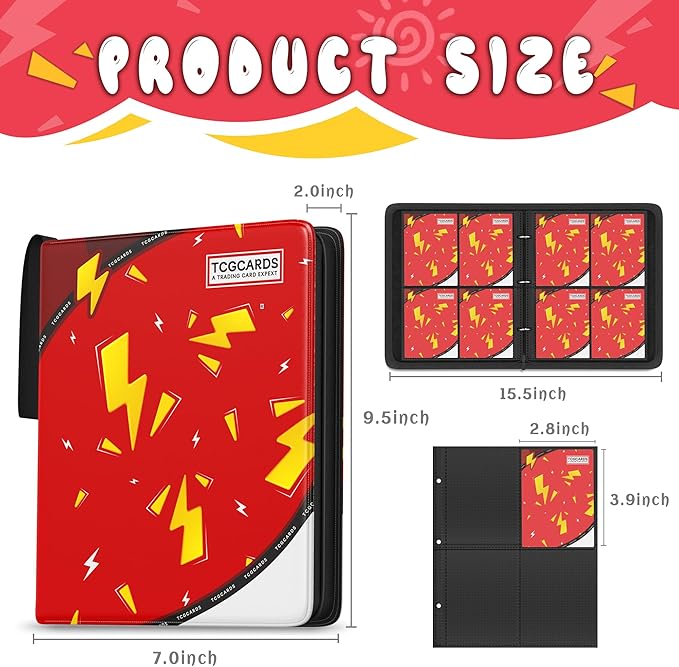 Trading Card Binder 4 Pocket,Card Binder 400 Pockets,Card Book Holder Cards with 50 Removable Sleeves,3-Ring Zip Design MTG/TCG/Sport Collectible Trading Card Albums Gifts for Boys and Girls(Red)