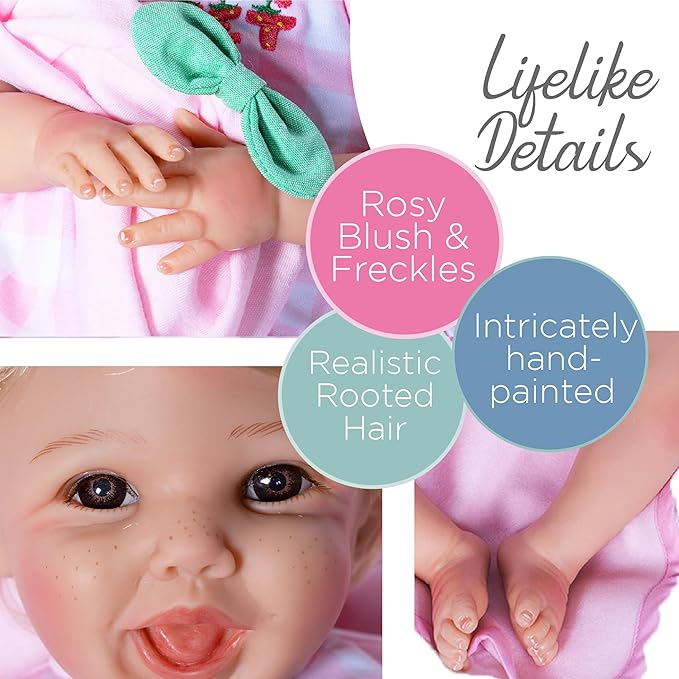 Paradise Galleries 20 Inch Realistic Reborn Blonde Baby Girl Doll with Strawberry Gingham Outfit and Blanket Accessories Collectible Gift Set – Summer Strawberry