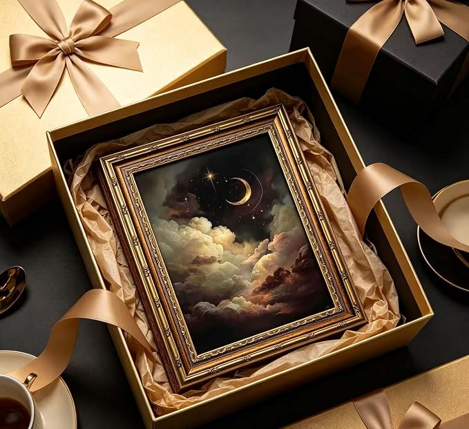 Vintage Gold Framed Celestial Wall Art, Moody Moon and Stars Gothic Painting Canvas Print, Dark Academia Wall Decor,Mystical Celestial Poster Artwork, for Living Room Bedroom Bathroom