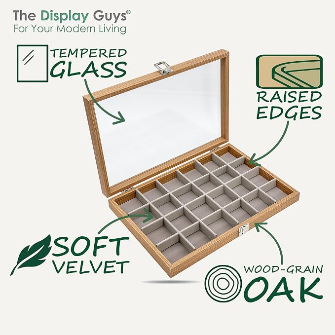 Wooden Travel Jewelry Box w. Tempered Glass Display Lid - Earrings Storage - 24-Compartments Velvet Organizer (Natural Oak) by The Display Guys
