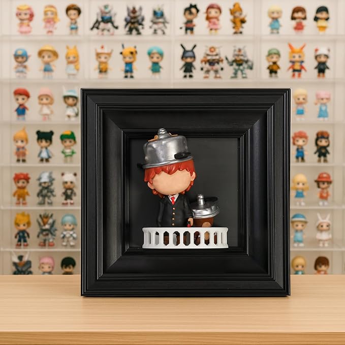 Display Frame with Balcony for Mini Figures, 6.8×6.8in Black Collection case, Wall Mount & Desktop Compatible, Fits Blind Box Toys & Action Collectibles