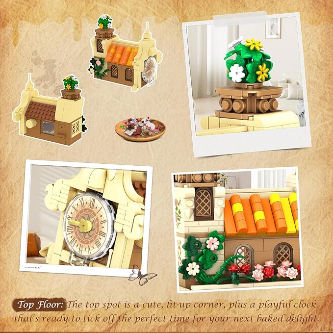 Flower Bakery Coffee House Building Set with Lights, City Cafe Baking House Display Model Toy, 1289 PCS Modular Construction Building Blocks Kit Home Decor, Gift for Adults Teens Girls 12+